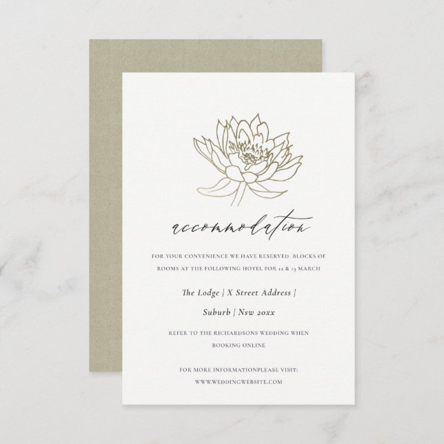 GLAMOROUS GOLD WHITE LOTUS FLORAL ACCOMMODATION INVITATION (Front/Back)