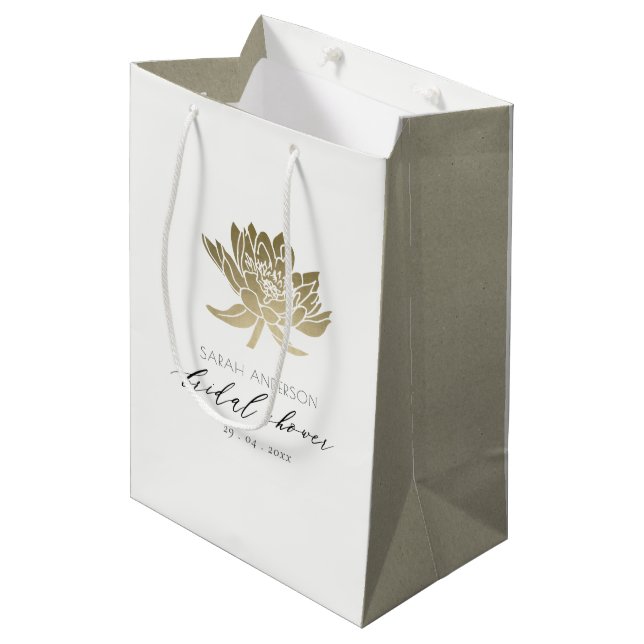 GLAMOROUS GOLD WHITE LOTUS FLORAL BRIDAL SHOWER MEDIUM GIFT BAG (Front Angled)