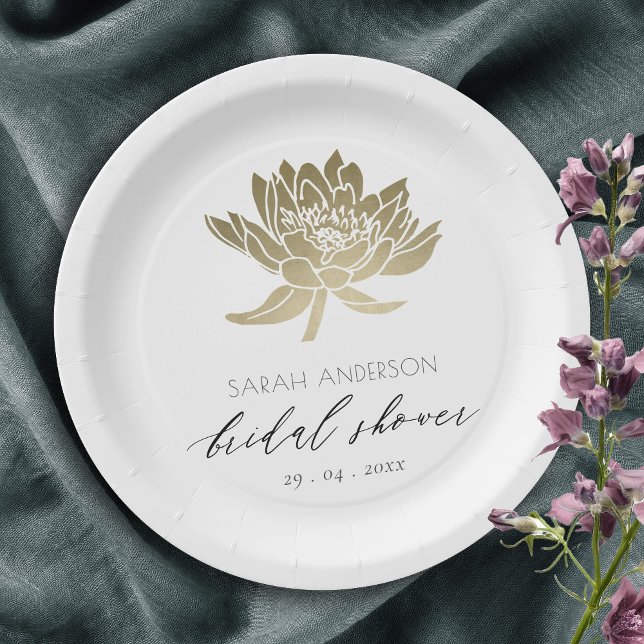 GLAMOROUS GOLD WHITE LOTUS FLORAL  BRIDAL SHOWER PAPER PLATES (Creator Uploaded)
