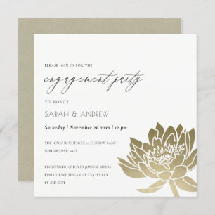 GLAMOROUS GOLD WHITE LOTUS FLORAL ENGAGEMENT INVITATION