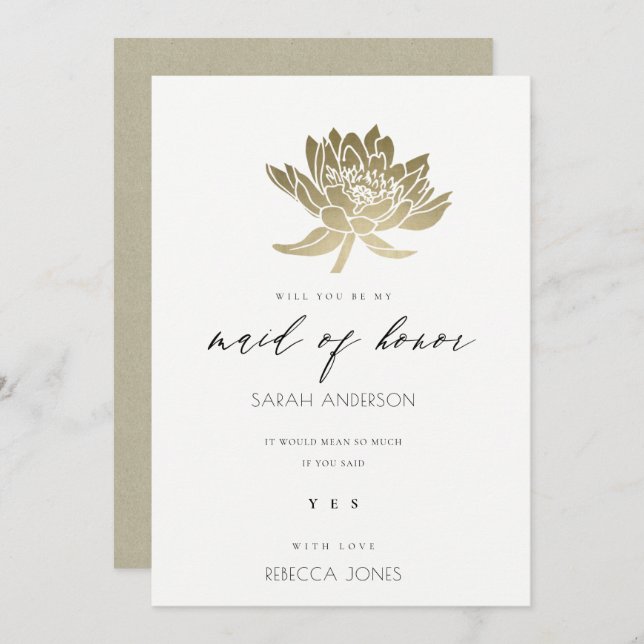 GLAMOROUS GOLD WHITE LOTUS FLORAL MAID OF HONOUR INVITATION (Front/Back)