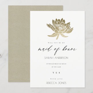 GLAMOROUS GOLD WHITE LOTUS FLORAL MAID OF HONOUR INVITATION