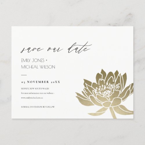 GLAMOROUS GOLD WHITE LOTUS FLORAL SAVE THE DATE ANNOUNCEMENT POSTCARD