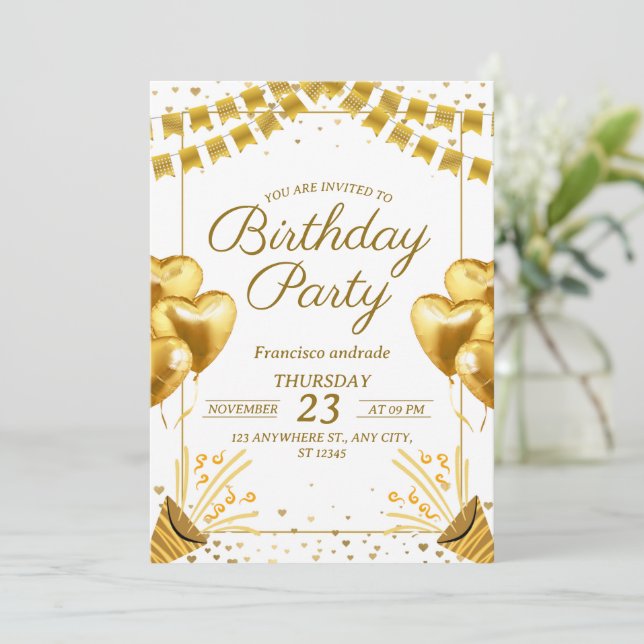 Glamorous Golden Birthday Celebration Invitation (Standing Front)