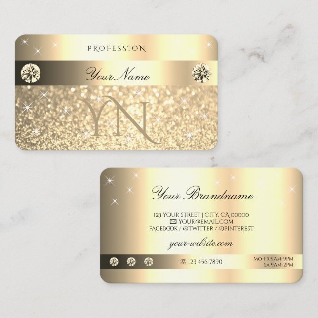 Glamorous Golden Glitter Sparkling Stars Initials Business Card (Front/Back)