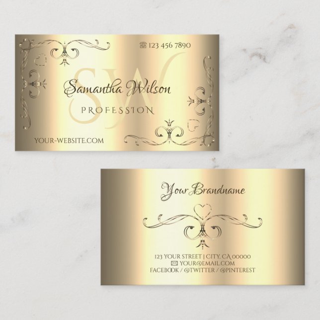 Glamorous Golden Ornate Corners Ornaments Initials Business Card (Front/Back)
