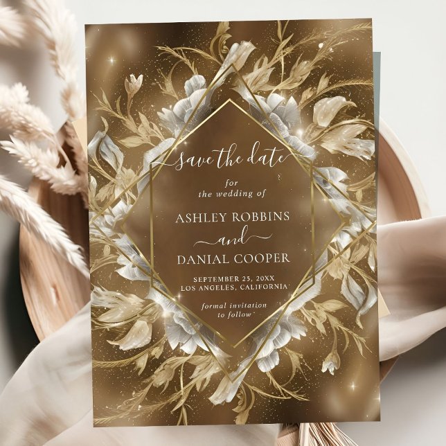 Glamorous Golden Themed Floral Save The Date Invitation (Creator Uploaded)