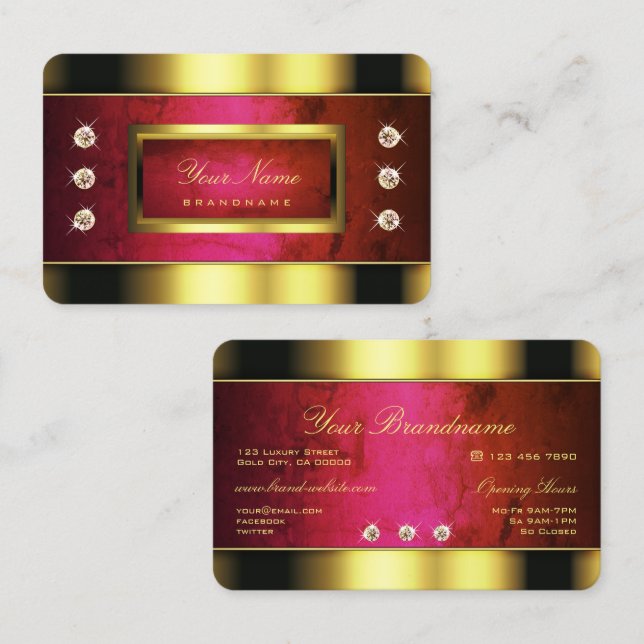 Glamorous Golden with Red Marble and Faux Diamonds Business Card (Front/Back)