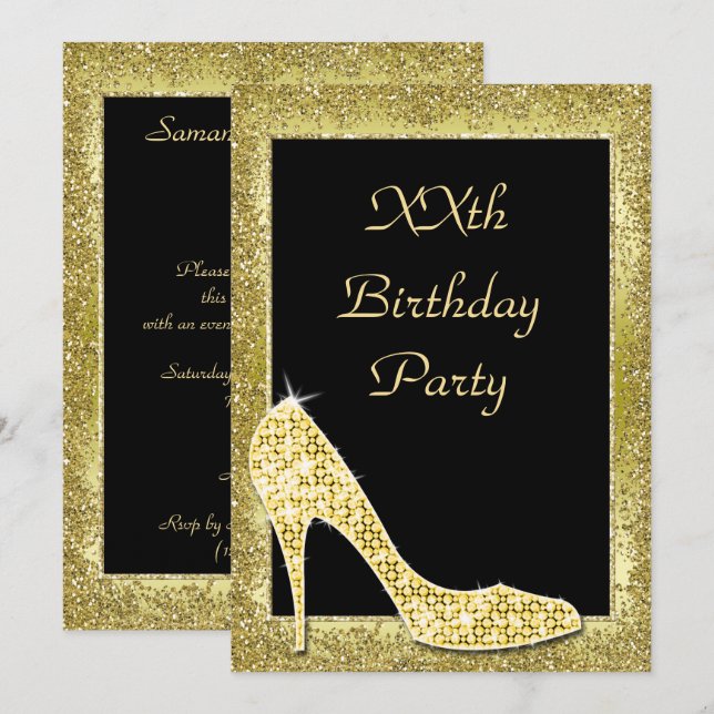 Glamorous Golds & Diamond Shoe Birthday Invitation (Front/Back)