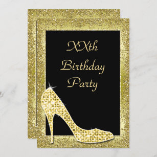 Glamorous Golds & Diamond Shoe Birthday Invitation