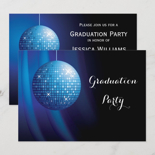 Glamorous Graduation Blue Party Disco Ball Invitation (Front/Back)