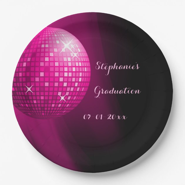 Glamorous Graduation Hot Pink Party Disco Ball Paper Plate