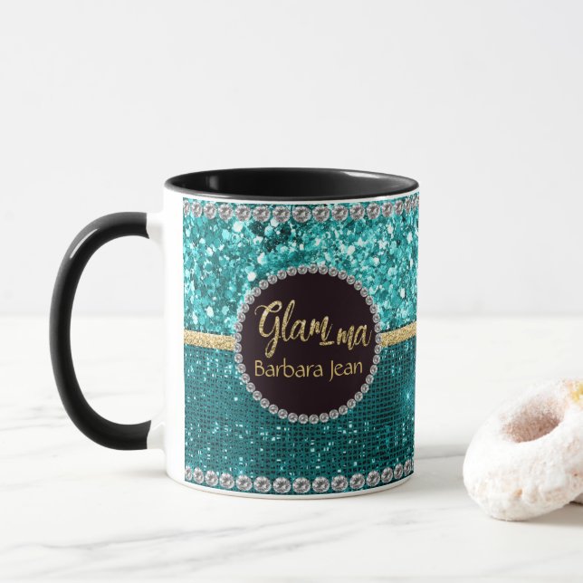Glamorous Grandma Glam-ma Blue Green Gold Names Mug (With Donut)