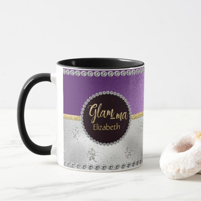 Glamorous Grandma Glam-ma Purple Gold Silver Names Mug (With Donut)