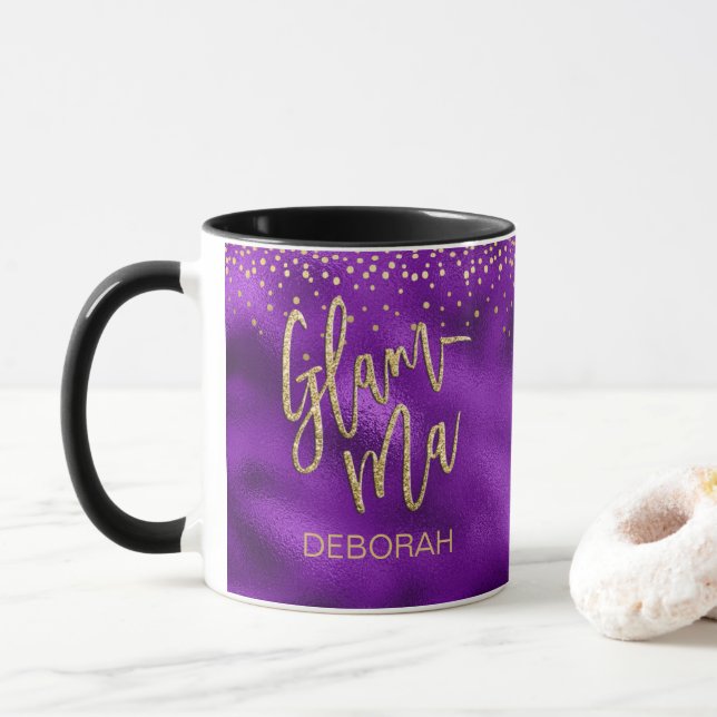Glamorous Grandma Glamma Purple Foil Gold Dot Name Mug (With Donut)
