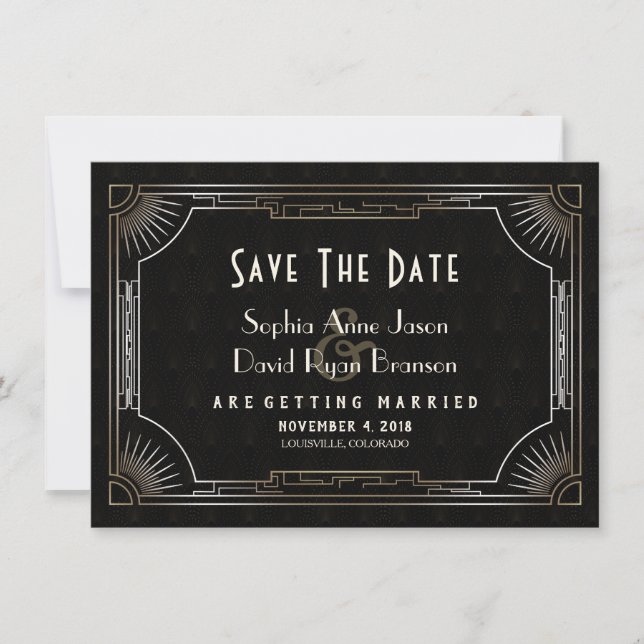 Glamorous Great Gatsby Gold Art Deco Wedding Save The Date (Front)