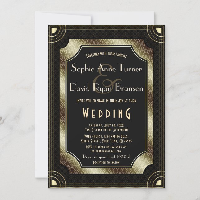 Glamorous Great Gatsby Gold Black Art Deco Wedding Invitation (Front)