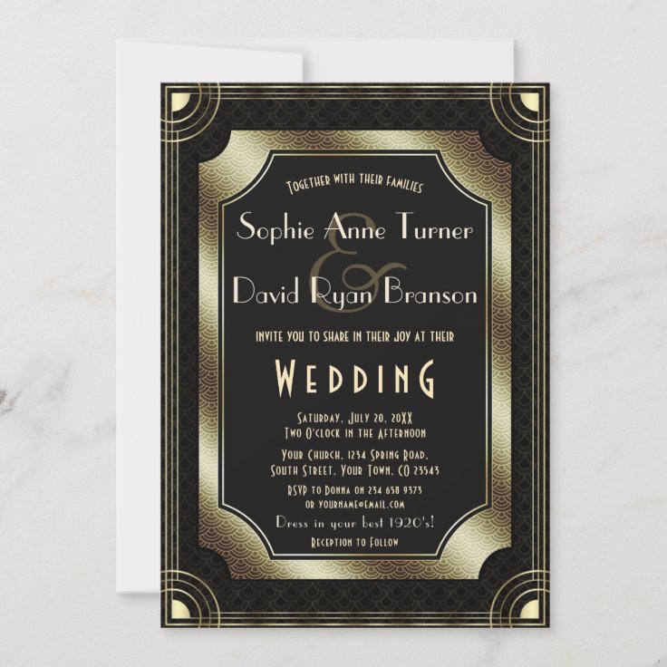 Glamorous Great Gatsby Gold Black Art Deco Wedding Invitation | Zazzle