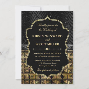 Glamorous Greek Key Black Gold Art Deco Wedding Invitation