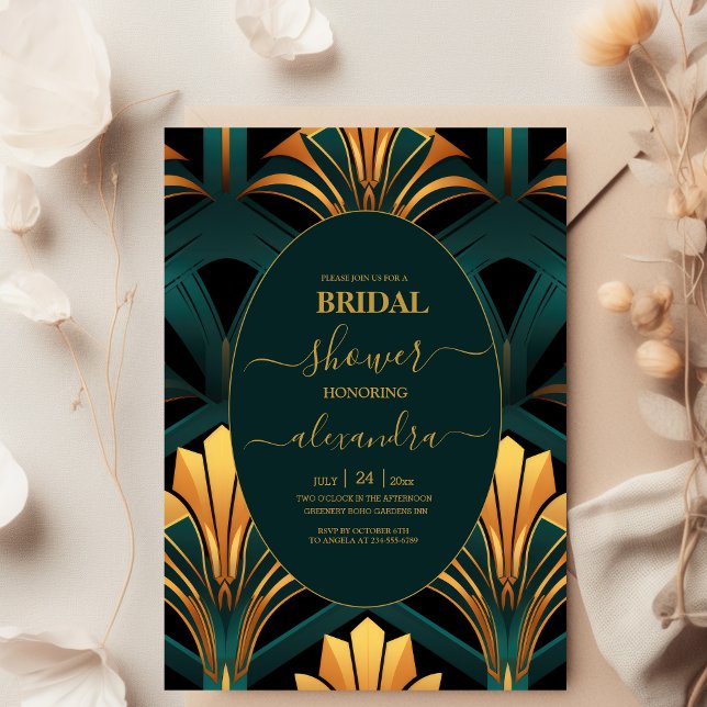 Glamorous Green and Gold Art Deco Bridal Invitation (Creator Uploaded)