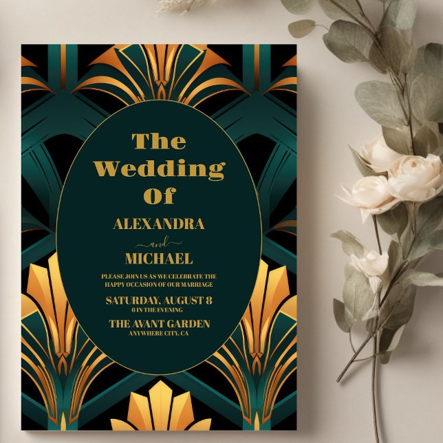 Glamorous Green and Gold Art Deco Wedding  Invitation (Creator Uploaded)