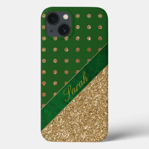 Glamorous Green and Gold Personalized iPhone 13 Case