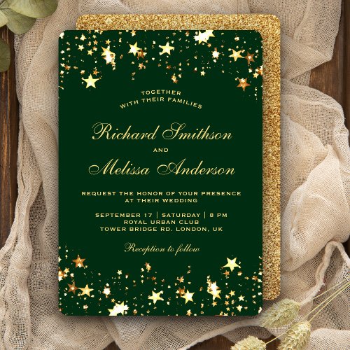 Glamorous Green Gold Faux Glitter Stars Wedding Invitation