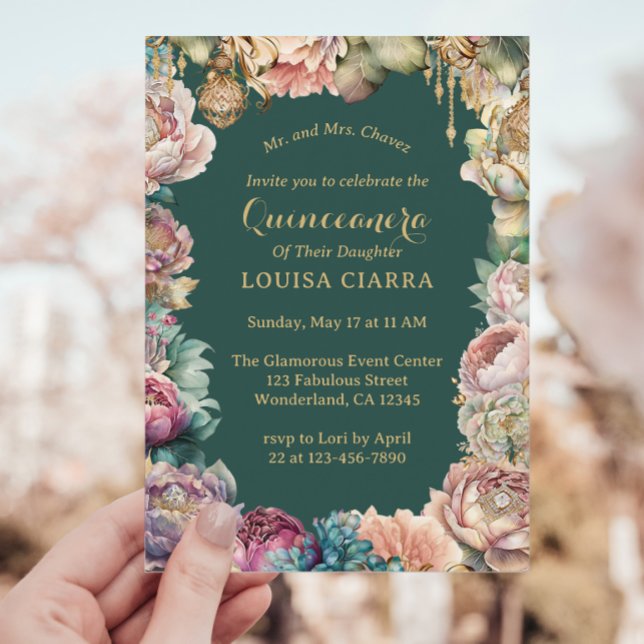 Glamorous Green Gold Sparkle Flowers Quinceanera  Invitation (Creator Uploaded)