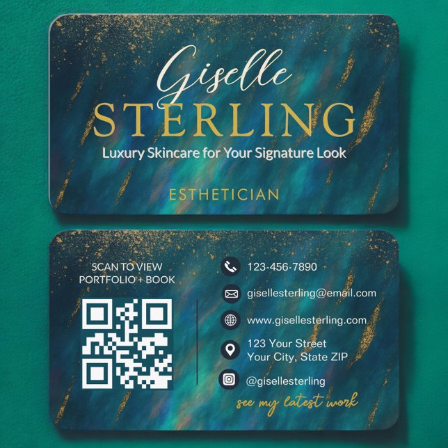 Glamorous Green Opal Modern Esthetician QR Code Business Card (Creator Uploaded)