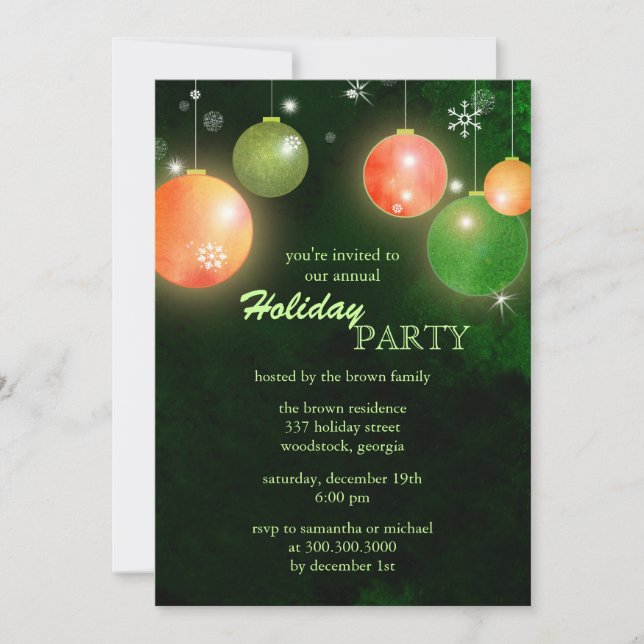 Glamorous Green Winter Holiday Party Invitation (Front)