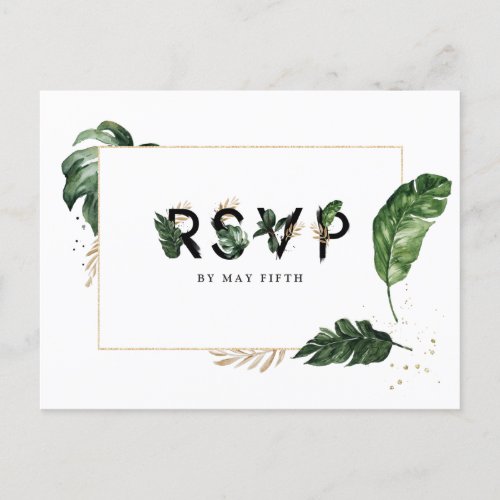 Glamorous Greenery Gold Frame Wedding RSVP Invitation Postcard