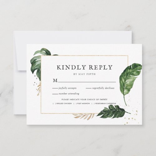 Glamorous Greenery Gold Frame Wedding RSVP wMeal