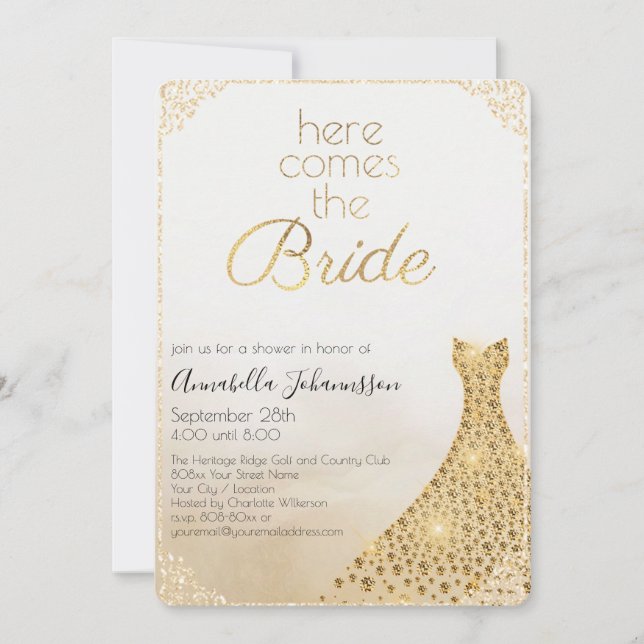 Glamorous Here Comes the Bride Gold Glitter Gown Invitation (Front)