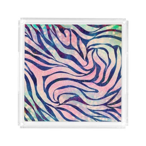 Glamorous Holographic Glitter Blue Zebra Stripes Acrylic Tray