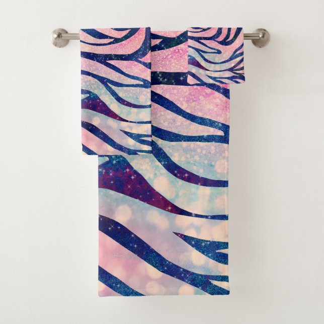 Glamorous Holographic Glitter Blue Zebra Stripes Bath Towel Set (Insitu)