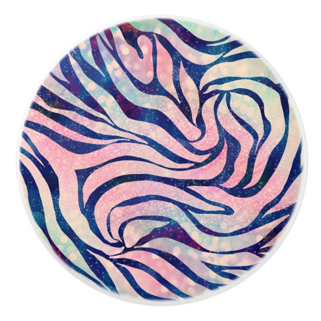 Glamorous Holographic Glitter Blue Zebra Stripes Ceramic Knob (Front)