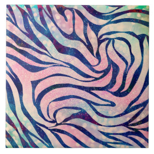 Glamorous Holographic Glitter Blue Zebra Stripes Ceramic Tile