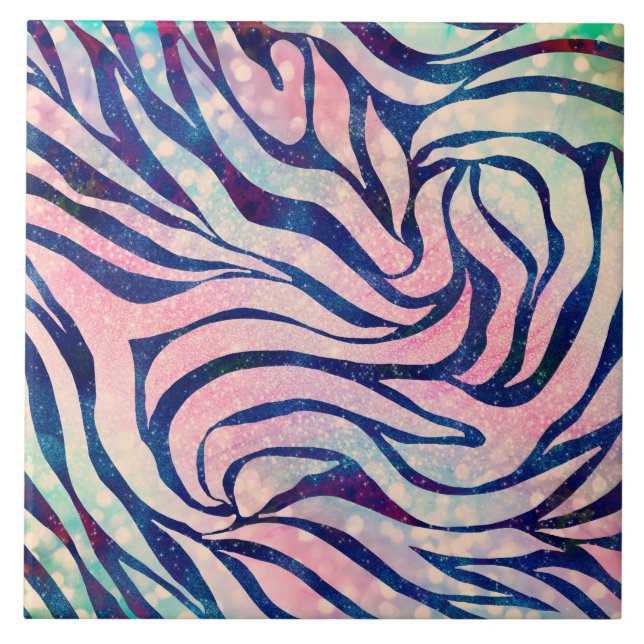 Glamorous Holographic Glitter Blue Zebra Stripes Ceramic Tile (Front)