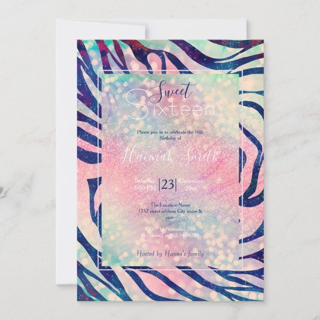 Glamorous Holographic Glitter Blue Zebra Stripes Invitation (Front)