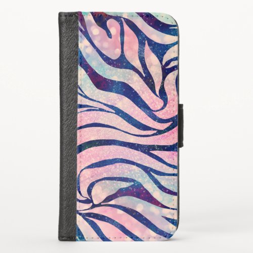 Glamorous Holographic Glitter Blue Zebra Stripes iPhone XS Wallet Case