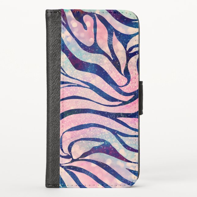 Glamorous Holographic Glitter Blue Zebra Stripes iPhone Wallet Case (Front)