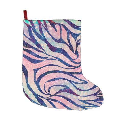 Glamorous Holographic Glitter Blue Zebra Stripes Large Christmas Stocking