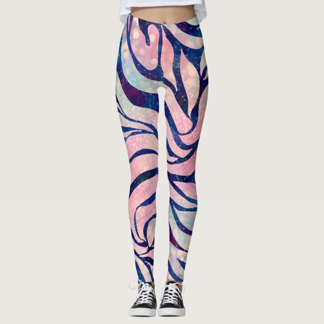 Glamorous Holographic Glitter Blue Zebra Stripes Leggings (Front)