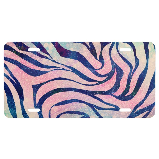 Glamorous Holographic Glitter Blue Zebra Stripes License Plate (Front)