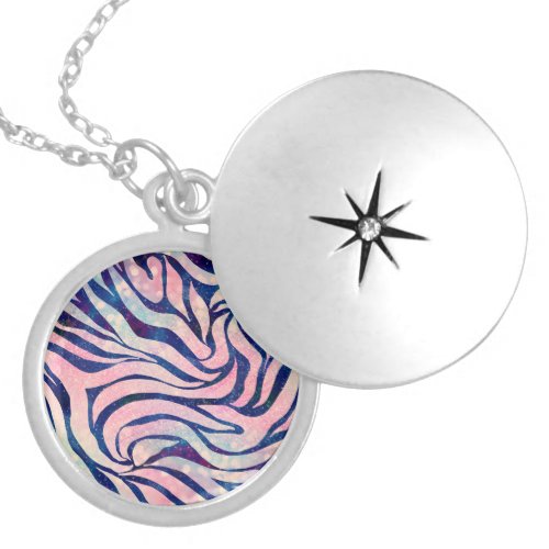 Glamorous Holographic Glitter Blue Zebra Stripes Locket Necklace