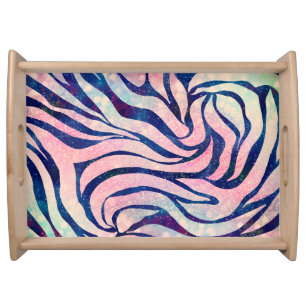 Glamorous Holographic Glitter Blue Zebra Stripes Serving Tray