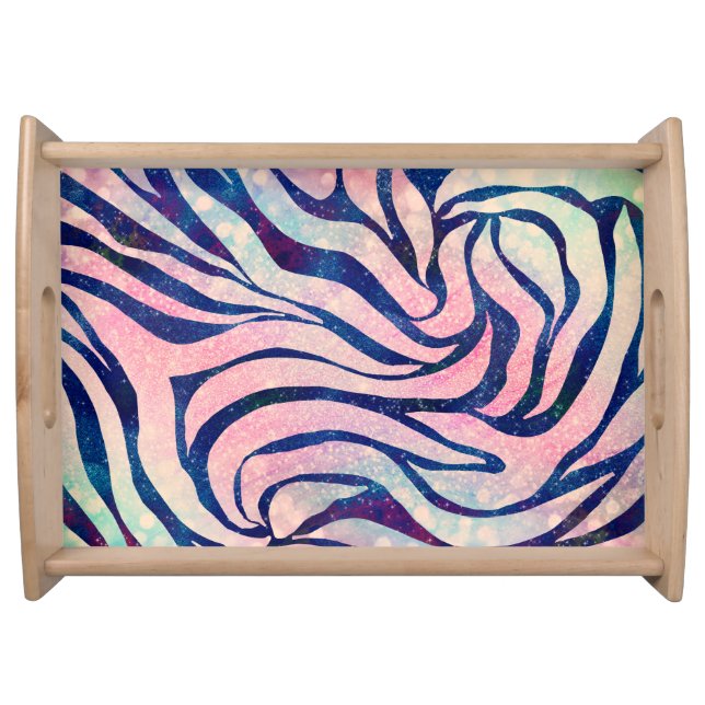 Glamorous Holographic Glitter Blue Zebra Stripes Serving Tray (Front)