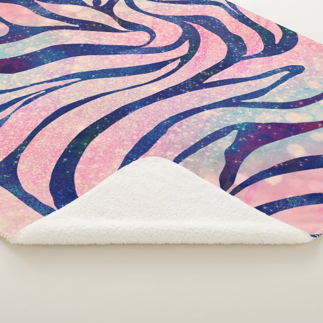 Glamorous Holographic Glitter Blue Zebra Stripes Sherpa Blanket (3/4)