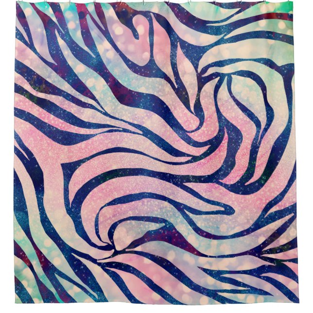 Glamorous Holographic Glitter Blue Zebra Stripes Shower Curtain (Front)