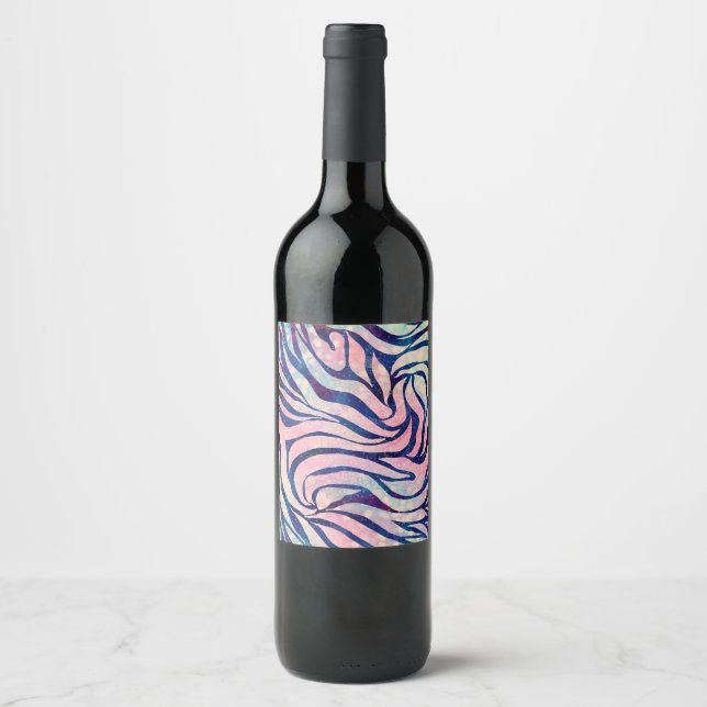 Glamorous Holographic Glitter Blue Zebra Stripes Wine Label (Front)